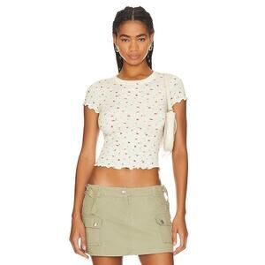 WeWoreWhat Women's Cream Floral Print Short Sleeve Baby Tee T-Shirt Top Size S